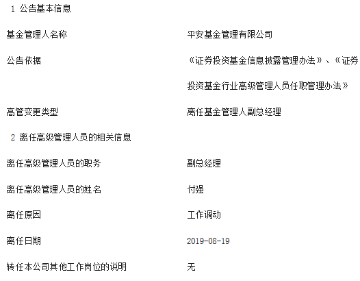 平安基金付强因工作调动离任公司副总经理职务
