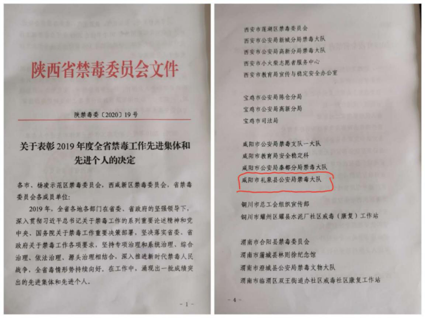 礼泉县公安局禁毒大队荣获2019年度全省禁毒工作先进集体